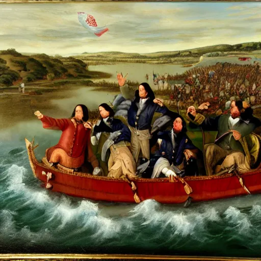 Image similar to Snoop Dogg crossing the Delaware, oil on canvas