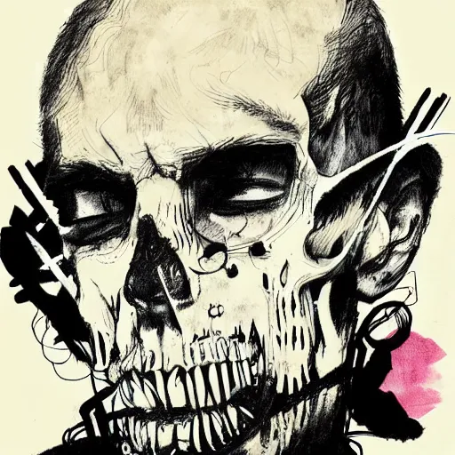 Prompt: Graphic Illustration, Creative Design, Skull, techwear, Cyberpunk, Portrait, Character Design, graffiti, by Ralph Steadman, Francis Bacon, Hunter S Thompson