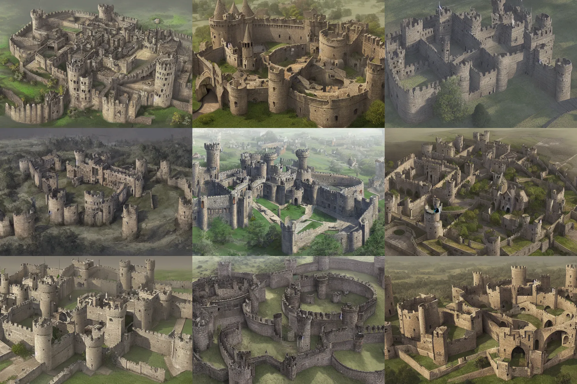 Prompt: inner ward of a medieval castle, round, six towers, double walls, main gates, viewed from bird's-eye, concept art, key visual, realistic, detailed, architecture, digital art
