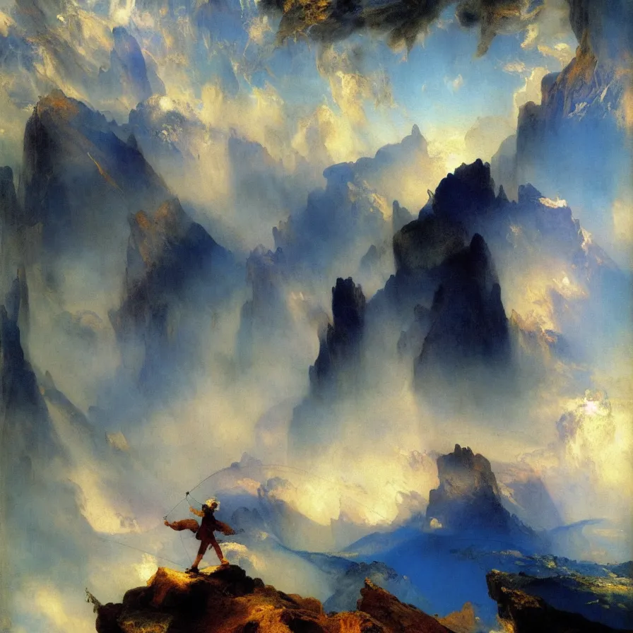 Prompt: tightrope artist walking among the clouds. painted by thomas moran. blue and indigo color scheme.