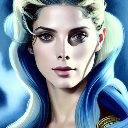 Image similar to Ashley Greene's face combined with Grace Kelly's face with blue hair wearing Final Fantasy Armor, western, D&D, fantasy, intricate, elegant, highly detailed, digital painting, artstation, concept art, matte, sharp focus, illustration, art by Artgerm and Greg Rutkowski and Alphonse Mucha