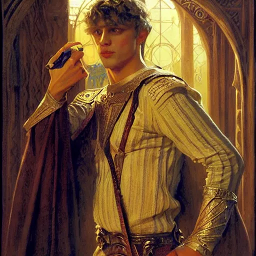 Image similar to handsome arthur pendragon in love with handsome merlin the mage. merlin is also in love with arthur. highly detailed painting by gaston bussiere, craig mullins, j. c. leyendecker