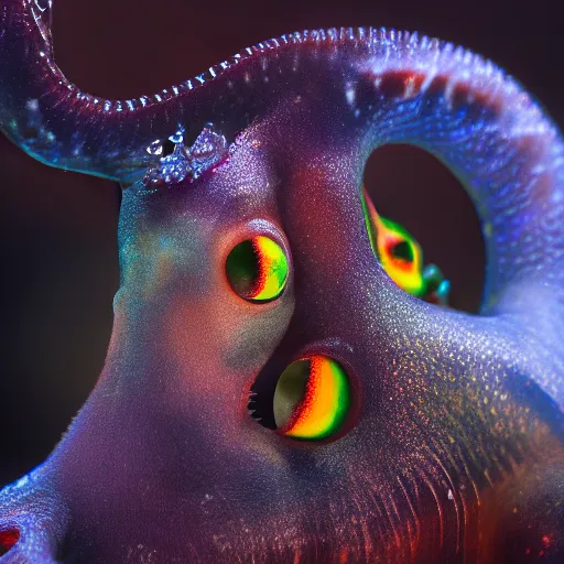 Prompt: fiery whimsical emotional eyes cephalopod, in a photorealistic macro photograph with shallow dof