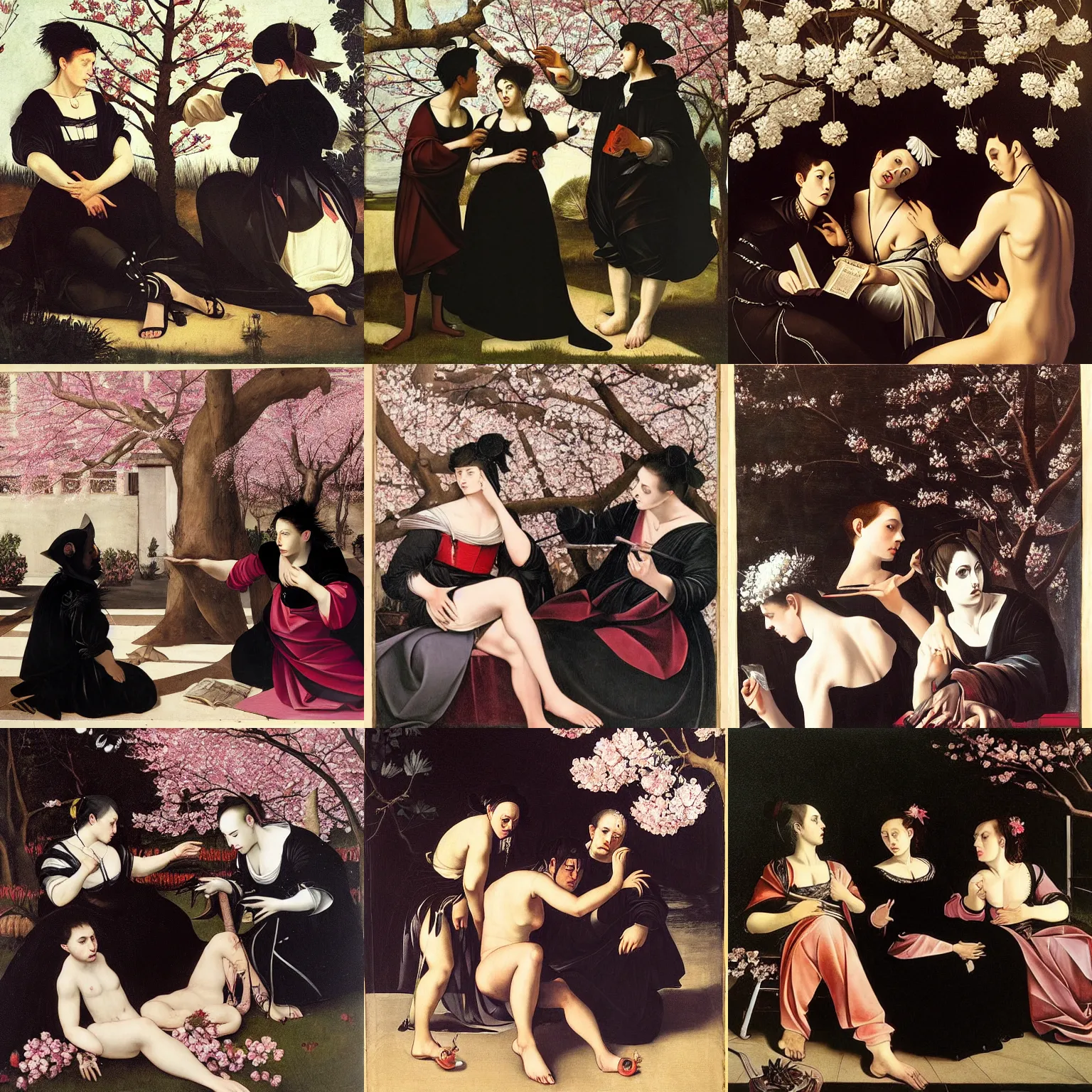 Prompt: art by caravaggio depicting three goths loitering in the shade, talking beneath a cherry blossom outside a blockbuster video store.