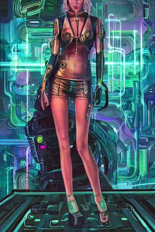 Prompt: attractive female android in feminine pose on a hyper-maximalist overdetailed retrofuturist scifi bookcover illustration from '70s. Inspired by shadowrun darkscifi utopia.. Biopunk, solarpunk style. Daytime. Made by echo chernik. Artstation.