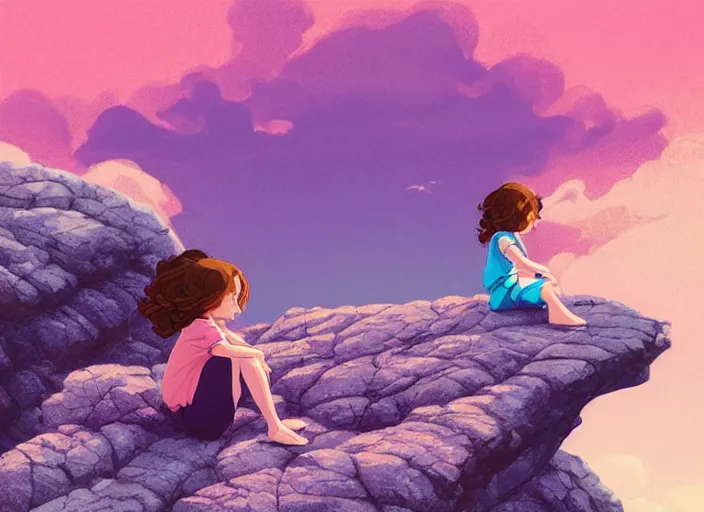 Image similar to little girl with short wavy curly light brown hair sitting on a rock. background pink and blue sunrise. clean cel shaded vector art. shutterstock. behance hd by lois van baarle, artgerm, helen huang, by makoto shinkai and ilya kuvshinov, rossdraws, illustration, art by ilya kuvshinov