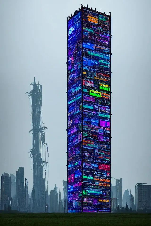 Prompt: cyberpunk tower made out of billions of stacked computer screens by simon stalenhag and dan mumford