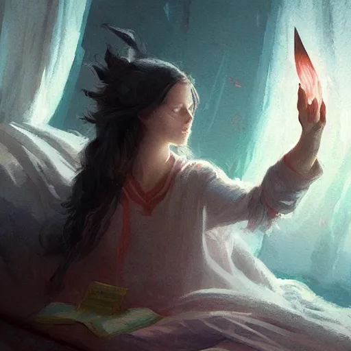 Image similar to A young female wizard, accidentally casting her first spell while practicing in bed, fantasy art by Greg Rutkowski