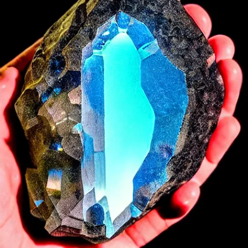 Prompt: light refraction from a mineral rock, in a dark studio room. magical-like style. Some burning smoke coming out of it. Photography from Mineral auctions, mineral collections, rare mineral. rare raw metal.