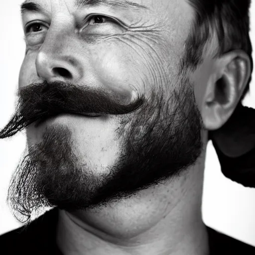 Prompt: elon musk with long mustache and epic beard, 5 0 mm, studio lighting