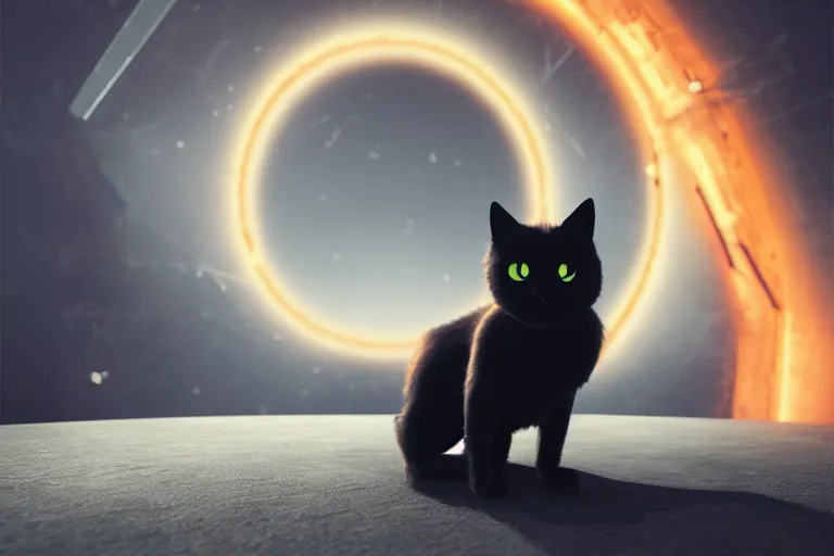 Image similar to black cat sitting next to an energy ringed portal, photorealistic, octane, Unreal Engine, finalRender, concept art, digital illustration, artstation, artstation hq, hd, 4k resolution