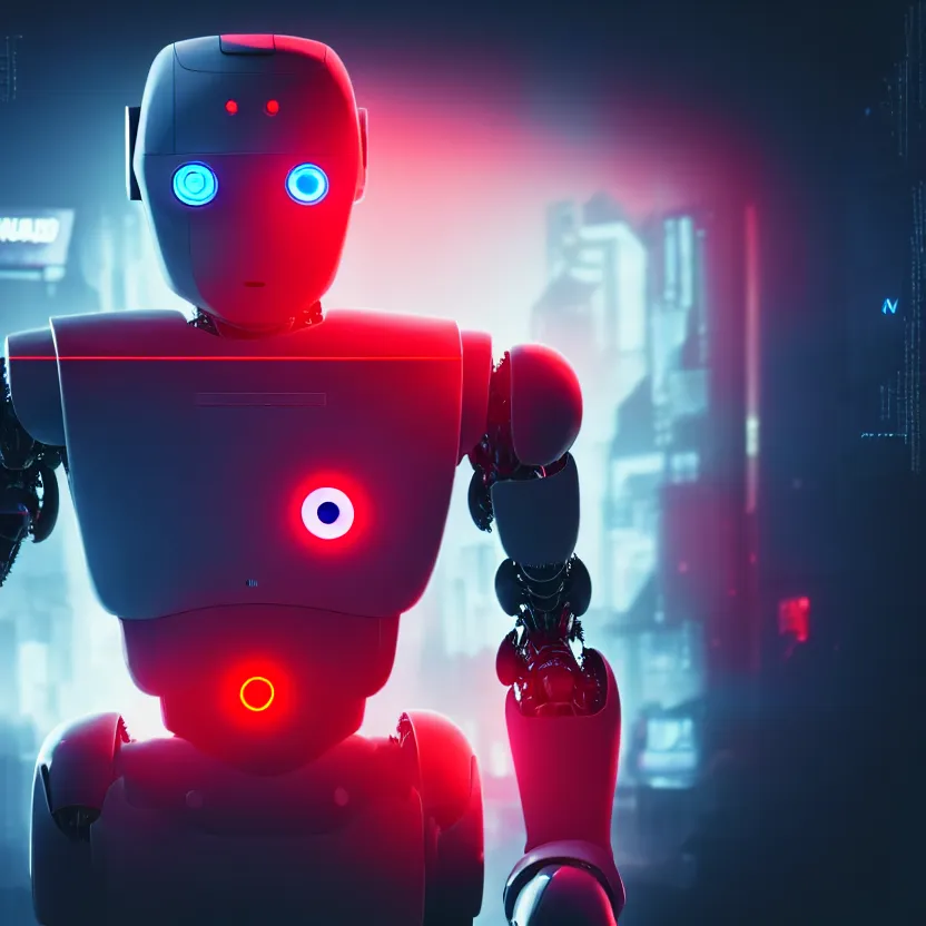 Image similar to a film still of a robot with red eyes playing video games, cool, photo, realistic, hd, intricate details, soft lighting, cyberpunk, cinematic, beautiful, 1 6 k