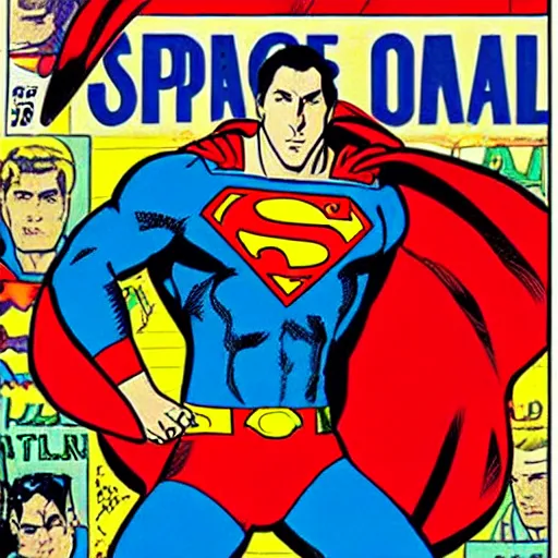 Image similar to Nicholas Cage Superman comic book. Cage is superman. Marvel comics art style. Halftone