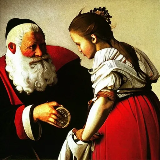 Prompt: Father Christmas giving gold coins to disabled girl Painted by Caravaggio