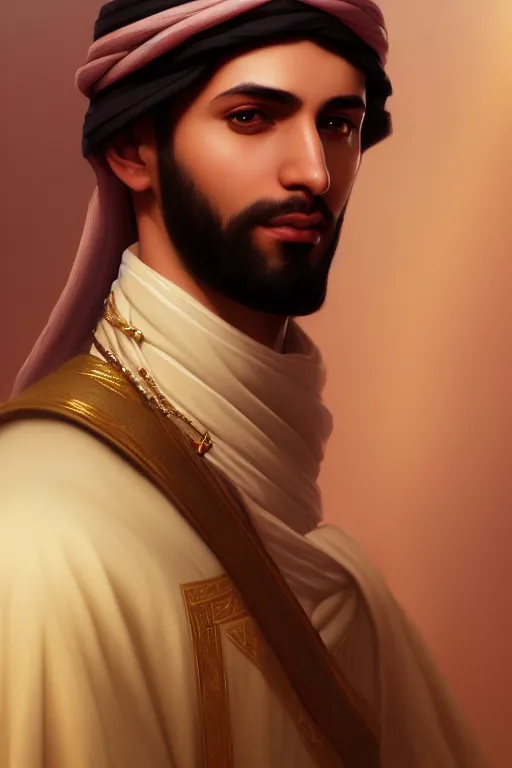 Prompt: a portrait of a arabian male prince, illustration, soft lighting, soft details, painting oil on canvas by Edmund Blair Leighton and Charlie Bowater octane render trending on artstation d&d characters, 4k, 8k, HD