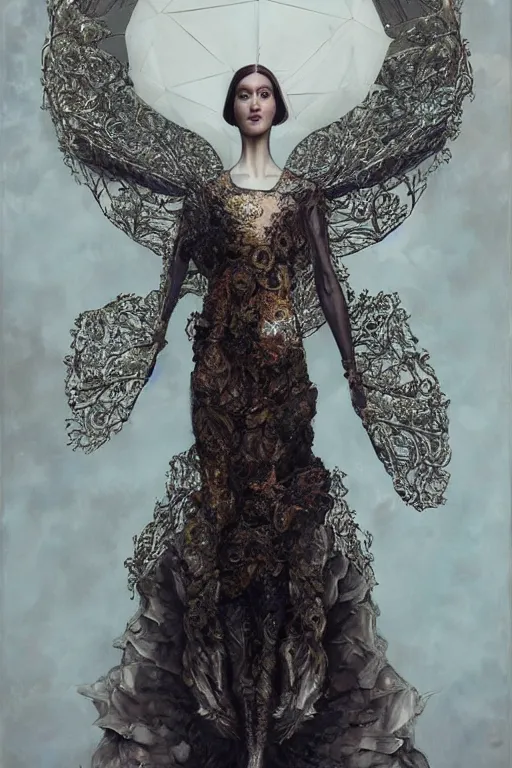 Prompt: an intricate realistic oil painting of a fashion model wearing avant garde high fashion by alexander mcqueen, clothing by iris van herpen, by tom bagshaw, by karol bak