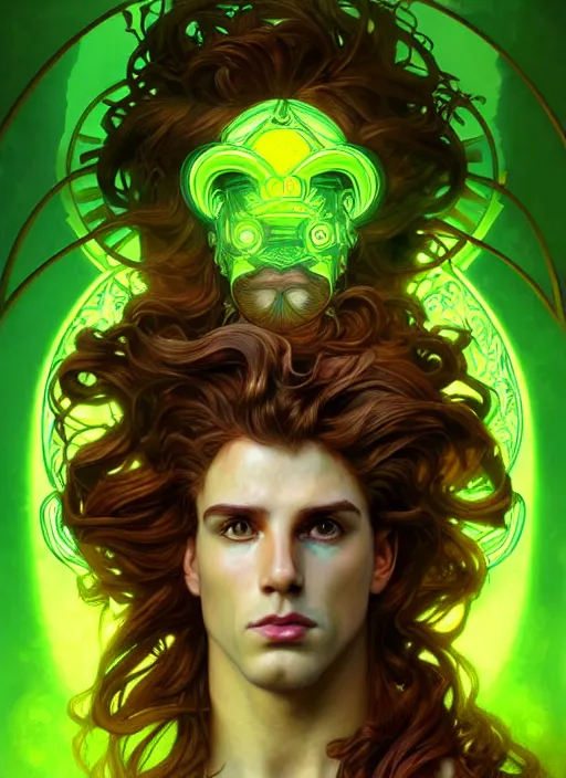 Image similar to portrait of demigod hercules, wavy auburn hair, wild board hide, glowing eyes, volumetric lights, green yellow scheme, art nouveau botanicals, gothic, intricate, highly detailed, digital painting, artstation, concept art, smooth, sharp focus, symmetric face, illustration, steampunk, art by artgerm and greg rutkowski and alphonse mucha