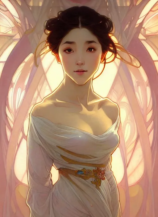 Image similar to digital character concept art by artgerm and greg rutkowski and alphonse mucha. clear portrait of a young wife blessed by god to uncontrollably become overwhelmingly perfect!! asian, fully clothed!!!, super feminine holy body!! light effect. hyper detailed, glowing lights!! intricate, elegant, digital painting, artstation, smooth, sharp focus