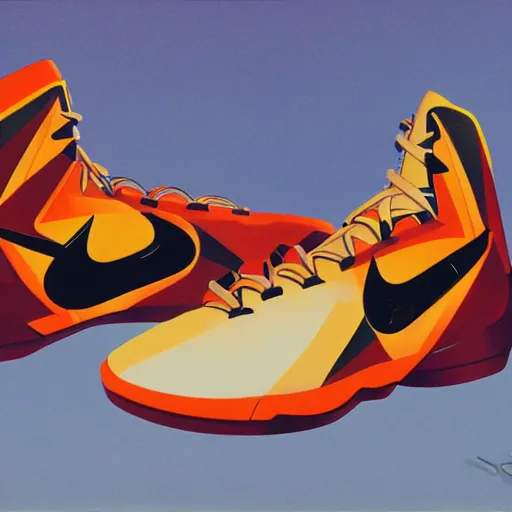 Prompt: retro futuristic Nike Lebron sneakers by syd mead, matte painting, geometric shapes