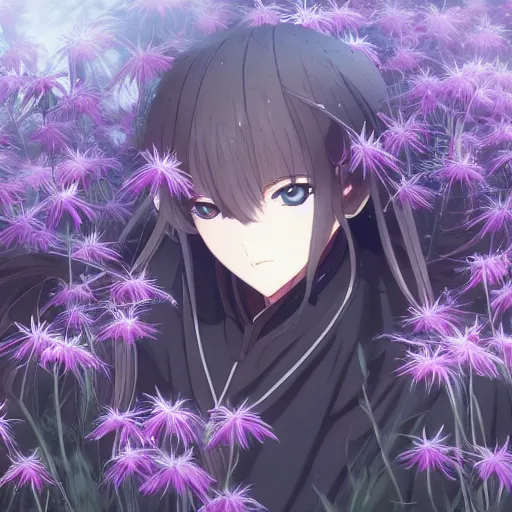Image similar to portrait of odu nobukatsu combusting in the field of spider lilies, anime fantasy illustration by tomoyuki yamasaki, kyoto studio, madhouse, ufotable, square enix, cinematic lighting, trending on artstation