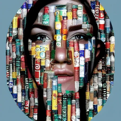 Image similar to collage of a beautiful female face made of soda cans