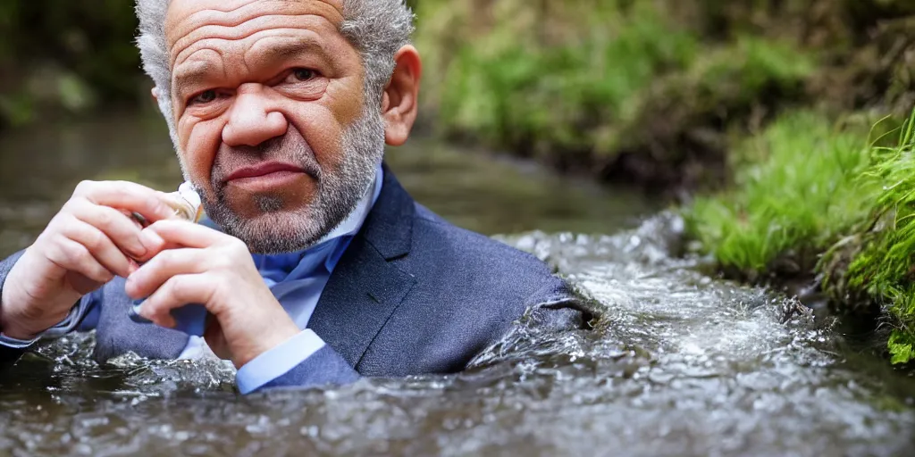 Image similar to alan sugar drinking from a stream