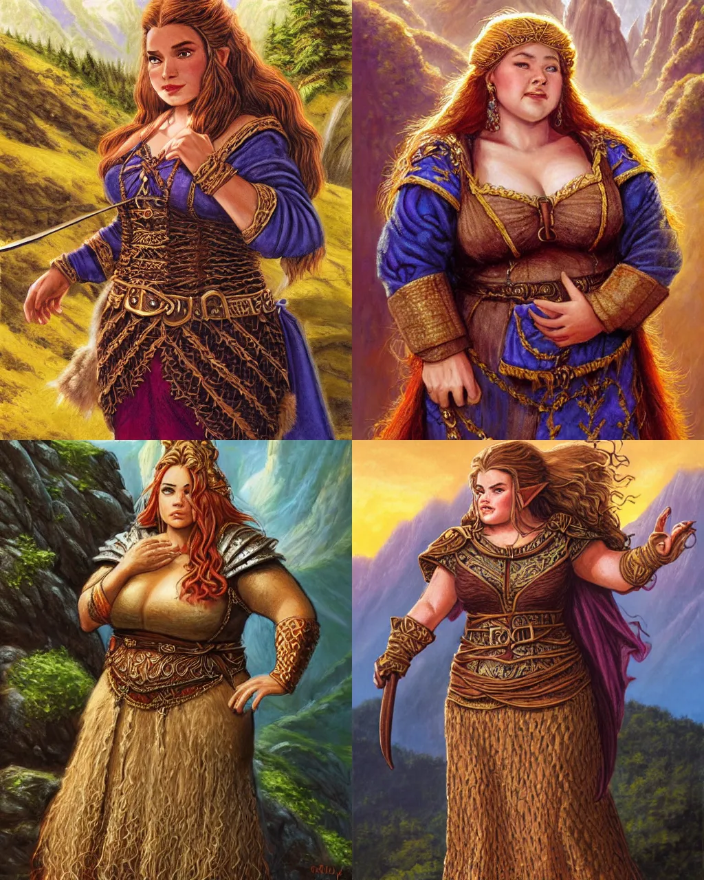 Prompt: beautiful dwarven lady wearing an elegant brocade dress in the mountains, by jeff easley, dungeons and dragons, lord of the rings, intricate, ultrarealistic, cheerful, complex braided hair, chubby and plump, big nose, sharp focus, sunlight, soft lighting