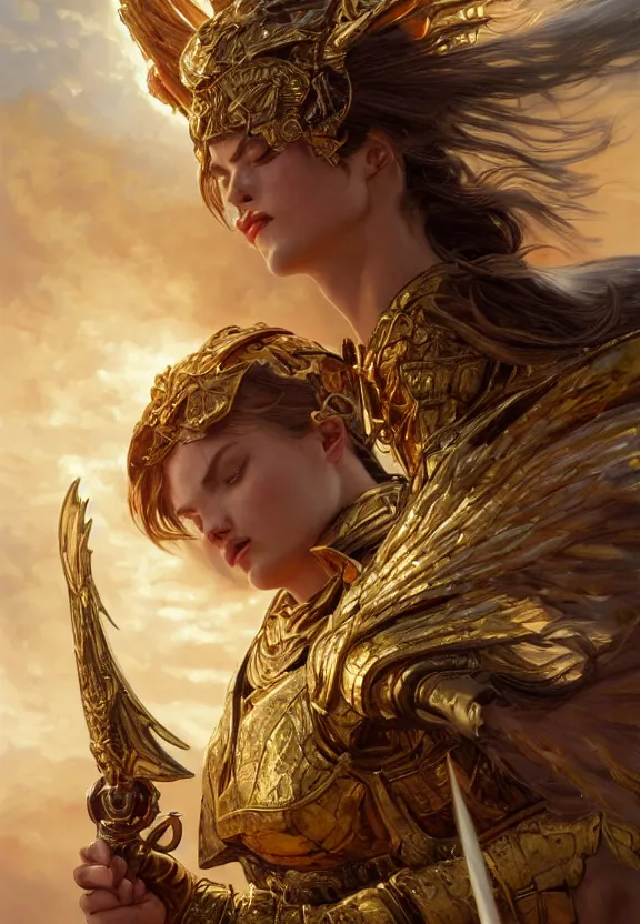 Image similar to A beautiful fierce angel wearing metallic battle armor and a flaming sword, among heavenly sunlit clouds, close-up shot, intricate, elegant, digital painting, golden hour, cinematic, trending on artstation, concept art, smooth, sharp focus, illustration, art by artgerm and Greg Rutkowski and Alphonse Mucha