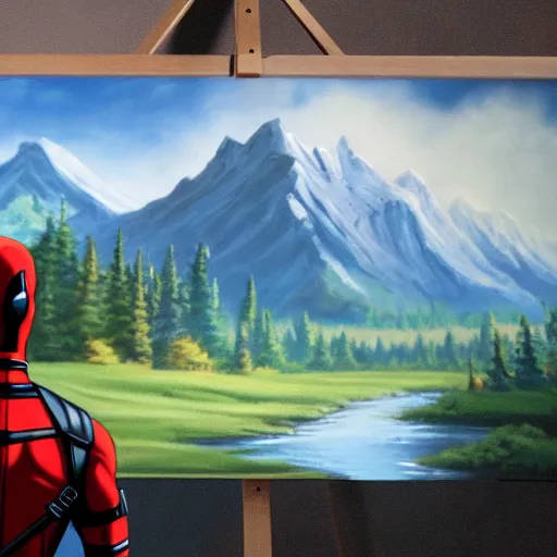 Image similar to a closeup photorealistic photograph of bob ross working on a canvas painting of deadpool. film still. brightly lit scene. mountains and trees. this 4 k hd image is trending on artstation, featured on behance, well - rendered, extra crisp, features intricate detail, epic composition and the style of unreal engine.