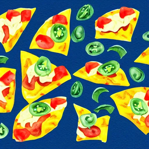 Prompt: watercolor nachos with cheese and jalapeno illustrations, white background, drawing, cartoon, in the style of shyama golden