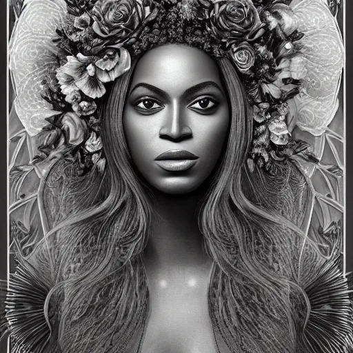 Image similar to facial portrait of Beyonce as a young pretty woman in flowing dress, arrogant, mysterious, long fine flowing hair, delicate, looking at camera, slightly awkward smile, realistic face, no hands visible, intricate, stylish, elegant, grimdark fantasy, flowers, extremely detailed painting by Martine Johanna and Ernst Haeckel and Greg Rutkowski