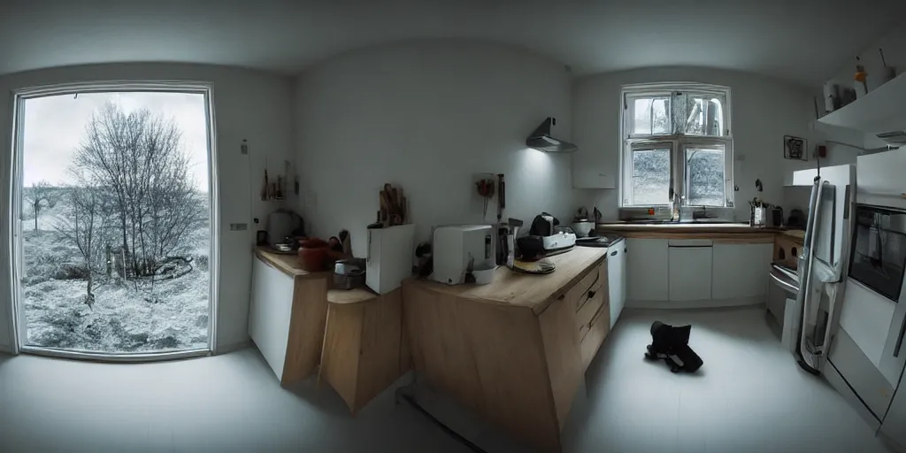 Image similar to minimalistic kitchen dim lit by a candle simon stalenhag, fisheye camera, extreme perspective