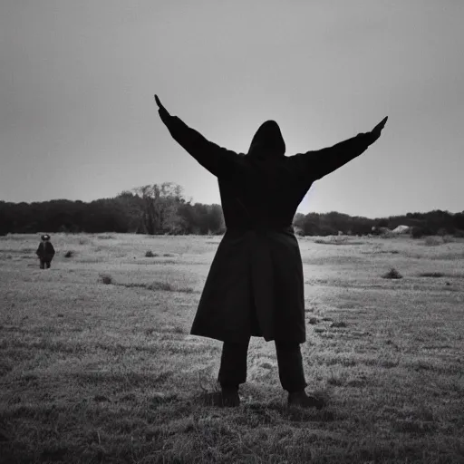 Image similar to cinematic photo of Hooded innocent man, his hands are tied behind his back, he is standing 20 feet from a line of military men with their rifles pointed at him, firing squad, award winning, golden hour