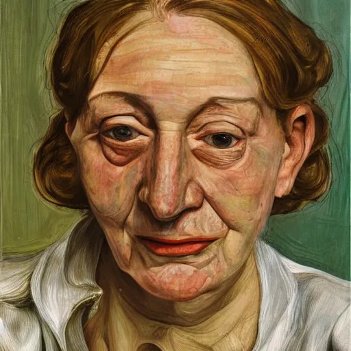 Image similar to high quality high detail painting by lucian freud, hd, portrait of smiling sad woman, photorealistic lighting