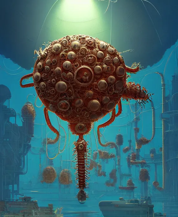 Image similar to inflated industrial plant made from isopod lobster octopus, in the style of puffy spaceship, overgrown with orchids, partly cloudy, spooky, dramatic lighting, by geof darrow, bill sienkiewicz, dan mumford, yusuke murata, makoto shinkai, ross tran, cinematic, unreal engine, cel shaded, featured on artstation, pixiv