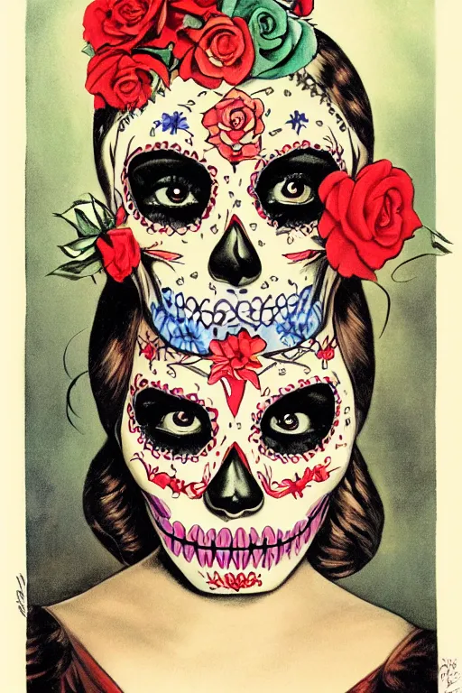 Image similar to illustration of a sugar skull day of the dead girl, art by alberto vargas