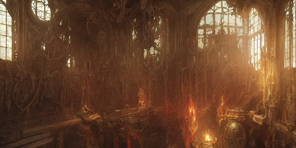 Image similar to ultra realistic illustration,, hell torture chamber interior from doom and warhammer, intricate, elegant, highly detailed, digital painting, artstation, concept art, smooth, sharp focus, illustration, art by artgerm and greg rutkowski and alphonse mucha