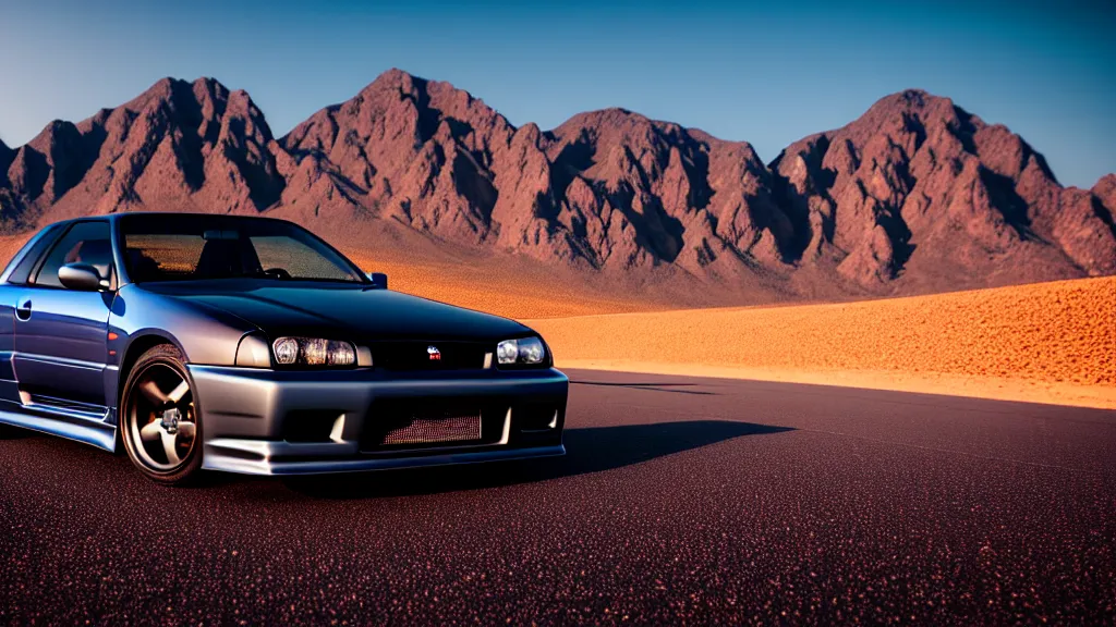 Prompt: three quarter front photo of a stock dark grey nissan r 3 2 skyline gtr on a road in a desert with a mountain in the background in the early morning, car photography, zoom lens, blue hour, photorealistic