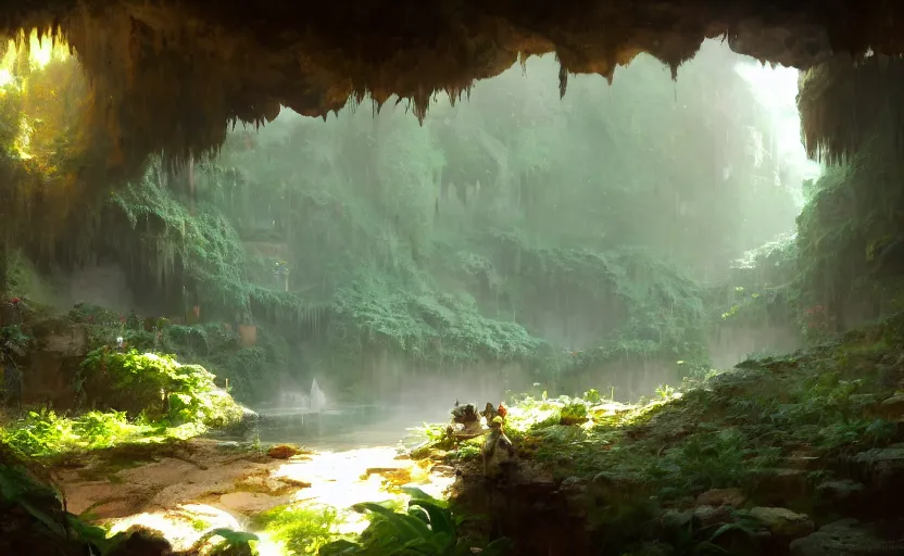 Image similar to painting of an interior of a hidden hotspring in a small cave, fantasy, lush plants and flowers, natural light, concept art, by greg rutkowski and craig mullins, cozy atmospheric and cinematic lighting, trending on artstation