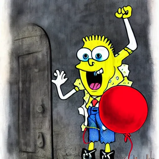 Image similar to grunge painting of spongebob with a wide smile and a red balloon by chris leib, loony toons style, pennywise style, corpse bride style, horror theme, detailed, elegant, intricate