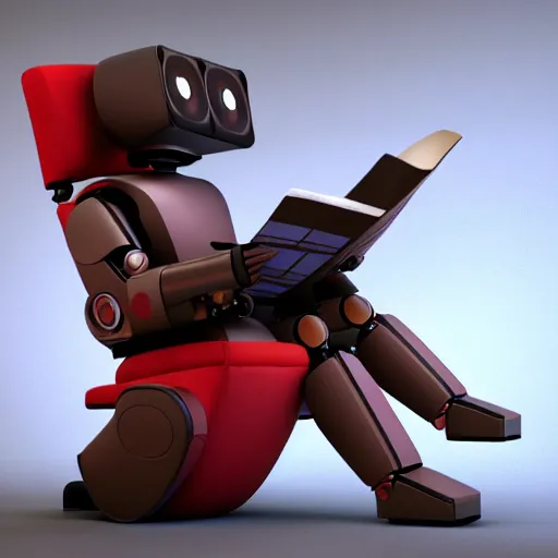 Image similar to futuristic studious matte brown and red full-body humanoid robot with two huge round expressive sad purple glowing LED eyes and open rectangular mouth sitting on a large comfortable cushioned 1950s vintage recliner reading a newspaper. open newspaper. Cinematic Movie Photograph, Arri Alexa, Extremely Detailed, smooth, very very clean, 8K, octane render, maya render, unreal engine, trending on artstation, DSLR, excellent composition, center frame