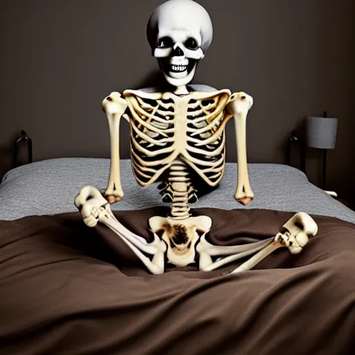 Prompt: a skeleton that is wearing full cotton pajamas, as a matte oil painting by tim jacobus, a skeleton inside of his bedroom, with a sleeping cap, comfy, extremely detailed, sharp focus, 4 k