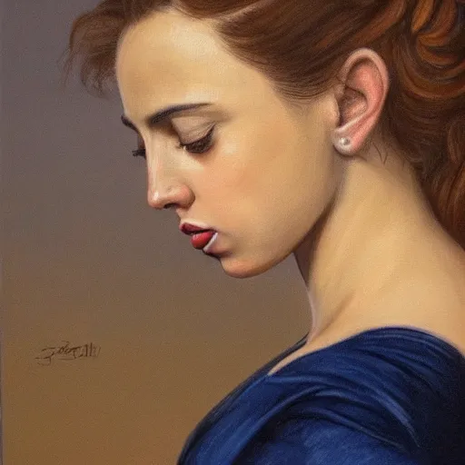 Image similar to a finished, detailed side view portrait painting of a very young italian woman resembling scarlett johansson and ana de armas, by sandro boticelli