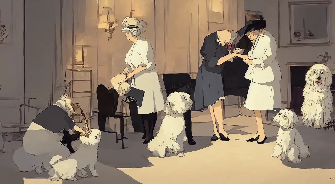 Image similar to queen of england placing a medal on the neck of a cream - colored havanese dog, england, 1 9 0 0, tartakovsky, atey ghailan, goro fujita, studio ghibli, rim light, happy, warm lighting, clear focus, very coherent