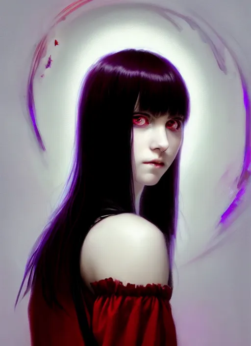 Image similar to portrait of teenage girl, red irises, red eyes, black hair, white bangs, purple clothes, white bangs, bangs, black hair and white bangs, intricate, elegant, glowing lights, highly detailed, digital painting, artstation, concept art, smooth, sharp focus, illustration, art by wlop, mars ravelo and greg rutkowski