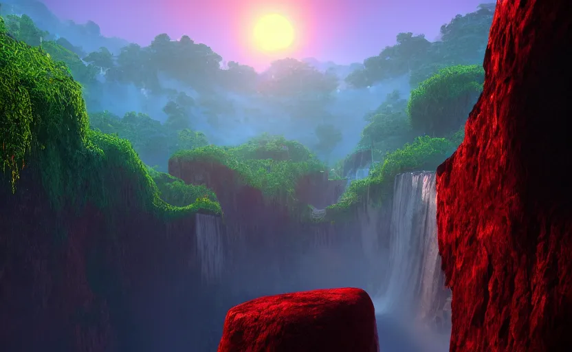 Image similar to a beautiful and stunning digital render of a humongous diamond cave, vines, haze, waterfall, volumetric lighting, hyperrealistic, red, green, blue sky, sunset, unreal engine 5, ultra detail, trending on artstation