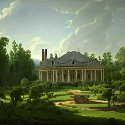 Prompt: a large serene beautiful matte painting of a delapitaded quaint french country mansion covered in vines, by asher brown durand and george ault featured on artstation,