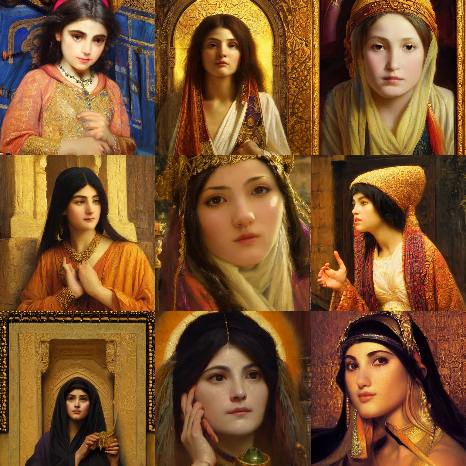 Prompt: orientalism painting of a cute female wizard in a temple face detail by edwin longsden long and theodore ralli and nasreddine dinet and adam styka, masterful intricate art. oil on canvas, excellent lighting, high detail 8 k