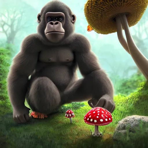 Image similar to a wholesome animation key shot of a small gorilla holding a amanita muscaria, chilled out smirk on face, driving a jeep, studio ghibli, pixar and disney animation, sharp, rendered in unreal engine 5, anime key art by greg rutkowski, bloom, dramatic lighting