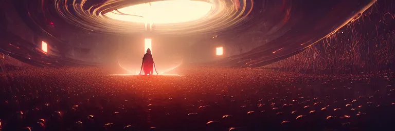 Prompt: a crowd of worshipers praying to a portal to hell, by Antoine Collignon, luminous lighting, cinematic, panoramic, aspect ratio 1:3